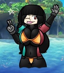 /ctt/ 1girls alternate_costume alternate_costume_color black_body black_bodysuit black_hair bodysuit clothed console-tan gigantic_breasts gijinka gold_bikini golden_bikini hand_up hime_cut huge_breasts humanization humanized jacket large_breasts letterman_jacket long_hair nintendo_switch peace_sign red_eyes spookdakook sports_jacket switch-tan thick tongue_out wide_hips wink