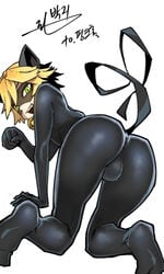 1boy adrien_agreste ass black_suit bodysuit bulge cat_ears cat_noir cat_tail cute feline femboy green_eyes heart looking_at_viewer looking_back male male_only miraculous_ladybug parkgee sissy solo solo_male suit trap white_background yellow_hair