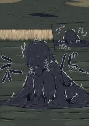 black_bikini blue_eyes breasts bunny_ears covered_in_tar don_tororo fate/grand_order fate_(series) female large_breasts morgan_le_fay_(fate) mud quicksand struggling stuck tar wam wet_and_messy white_hair