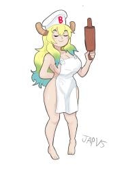 1girls apron apron_only arm_behind_back barefoot bimbo_(bakery) blonde_hair breasts chef_hat cleavage closed_eyes closed_mouth clothing feet female full_body gradient_hair green_hair grupo_bimbo hadaka_apron hat headwear holding horns large_breasts long_hair lucoa_(maidragon) miss_kobayashi's_dragon_maid multicolored_hair naked_apron nurse_cap quetzalcoatl_(dragon_maid) rolling_pin sfw smile solo standing syringe thighs