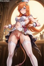 1girls ai_generated aqua_eyes dress dress_lift escoffier_(genshin_impact) female female_only female_pubic_hair from_below garter_belt garter_straps genshin_impact hat headwear lace-trimmed_thighhighs long_hair looking_away medium_breasts mostly_clothed navel no_panties orange_hair orange_pubic_hair patreon perky_breasts pubic_hair pussy salupai solo solo_female standing tail thighhighs uncensored watermark white_thighhighs