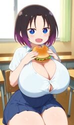 ai_generated black_hair blue_eyes elma_(dragon_maid) huge_breasts miss_kobayashi's_dragon_maid school_uniform thick_thighs two_tone_hair