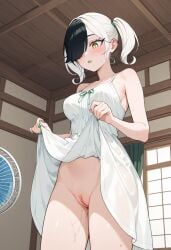 ai_generated black_hair civitai cookiasncream dress female green_lipstick hilda_esmíc_(character) house indoors kaybur_(series) la_gran_guerra_(series) light-skinned_female light_skin room sundress sweat sweatdrop sweating sweaty sweaty_thighs twintails ventilator wet white-skin white-skinned_female white_dress white_hair white_skin white_skinned white_skinned_female yellow_eyes