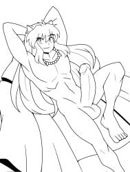 accessories_only arms_behind_head arms_up inuyasha inuyasha_(character) line_art long_hair looking_at_viewer lying_on_clothes male_only necklace no_nipples nude smirk yuunsfw