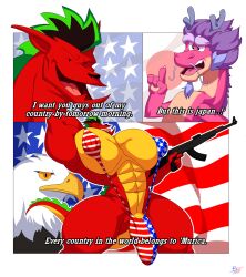 2025 2boys 2d 2d_(artwork) abs accipitrid accipitriform american_dragon:_jake_long american_flag anthro anthro_only asian asian_male avian bald_eagle bara barely_clothed big_muscles big_pecs big_penis bird blue_goatee blue_hair blue_horns blue_whiskers bobthetanuki bodybuilder buff butt_from_the_front claws comic crossover curvy daddy dialogue digital_drawing_(artwork) digital_media_(artwork) dot_eyes dragon dragon_humanoid eagle eastern_dragon eight_pack english_text extrasizedbob facial_hair firearm flag furry gay goatee green_highlights grin grinning gun hair half-closed_eyes holding_gun holding_object horns humanoid hyper hyper_muscles hyper_pecs jake_long japanese_flag long_(wish_dragon) low-angle_view male male_focus male_only man_boobs meme moobs multicolored_body multicolored_fur multicolored_hair multicolored_scales muscular muscular_male mythological_creature mythological_scalie navel netflix nipple_outline nipples no_humans non-human pecs penis penis_outline penis_peek pink_body pink_fur pink_scales pose posing purple_hair red_body red_scales rifle scales scalie scalie_humanoid smile smiling tail thick_thighs thighs thong tongue twitter_link two_tone_body two_tone_fur two_tone_hair underwear whiskers wide_hips wish_dragon yellow_countershading