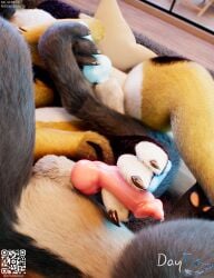 3d_(artwork) affectionate animal_genitalia animal_penis anthro balls bangs bed bedding bedroom black_body black_fur blanket blue_body blue_fur c4d canine_genitalia canine_penis cinema_4d_(artwork) claws close-up daytia detailed detailed_fur digital_media_(artwork) duo eye_contact face_to_face facial_expression fluffy fluffy_tail fur furniture genitals green_hair hair hi_res interspecies intimacy licking long_tail looking_at_another looking_at_viewer lying male male/male multicolored_body multicolored_fur nuzzling open_mouth orange_body orange_fur pawpads paws penis pillow pose posed red_body red_fur rexouium shaded side_view smile soft_shading tail toe_claws tongue tongue_out white_body white_fur