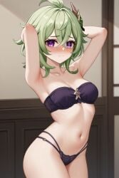ai_female ai_generated arms_up blush collei_(genshin_impact) genshin_impact green_hair hair_between_eyes highres lingerie medium_hair noirwu purple_eyes purple_lingerie sexy thong