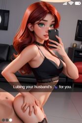 ai_generated camera camera_pov camera_view cheating cheating_husband cuckquean emoji eye_contact female_focus from_behind from_behind_position green_eyes holding_phone implied_sex looking_at_viewer netorare ntr original original_character red_hair selfie sex social_media solo_focus straight taliredmint taunting uncensored