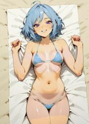 ai_generated apricot_skin beach beautiful beautiful_females bikini blue_hair blue_hair_female confused confused_expression downless female imminent_sex insecure káeli_xyovka_(character) kaybur_(series) la_coroneta_(series) on_towel romantic romantic_ambiance sand shy shy_expression tan tan_body tan_skin tanlines tanned_female tanned_girl tanned_skin towel undressing without_panties without_pants