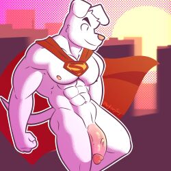 anthro big_penis canid canine canis cape clothing dc dc_comics digital_media_(artwork) domestic_dog fizzyjay fur genitals hi_res humanoid_genitalia humanoid_penis krypto krypto_the_superdog male mammal muscular muscular_male nude penis smile solo tail