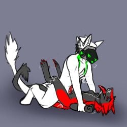 anonymous_artist anthro ares_(nsa) bodily_fluids bukmar cum cum_in_ass cum_inside cum_on_face cum_on_own_face cum_on_self duo fur genital_fluids genitals hi_res hybrid machine male male/male motion_lines penis pinned pinned_arms pinned_to_ground protogen red_body red_eyes red_fur red_penis red_tongue sergal simple_background tail tongue visor white_body white_fur