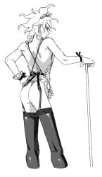 almost_naked apron ass ass_focus danganronpa danganronpa_2:_goodbye_despair garter_straps looking_back maid maid_apron maid_headdress male male_focus male_only monochrome nagito_komaeda panties partially_clothed solo solo_focus solo_male stockings thigh_highs thighhighs thong underwear uurin