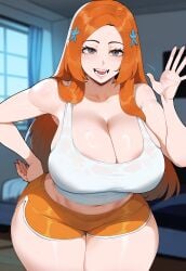1girls ai_generated big_breasts bleach bleach:_the_thousand-year_blood_war breasts curvy dark-skinned_male female grey_eyes huge_breasts indoors inoue_orihime interracial juuicyai large_breasts light-skinned_female light_skin male massive_breasts narrow_waist orange_hair thiccwithaq_(ai_style) thick_thighs wide_hips