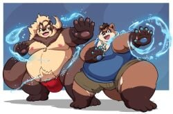 2025 anthro anthro_only belly big_belly bottomwear brown_body brown_fur bulge canid canine clothing duo fur goemon_(tas) hi_res kemono kusosensei lifewonders magic male male_only mammal moobs nipples overweight overweight_male raccoon_dog shirt shorts tanuki tokyo_afterschool_summoners topwear