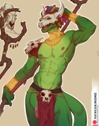2025 abs anthro areola armor barazoku biceps big_penis bone bottomwear bracers clothed clothing ekzonzz erection erection_under_clothing feathers genitals glans headdress hi_res holding_object holding_weapon horn humanoid_genitalia humanoid_penis lihzahrd lizard loincloth male mask muscular muscular_anthro muscular_male navel neckwear nipples non-mammal_nipples obliques open_mouth patreon pauldron pecs penis penis_poking_out reptile scales scalie serratus simple_background skull skull_mask solo staff standing tan_background terraria text topless topless_anthro topless_male tribal unconvincing_armor url weapon witch_doctor_(terraria)