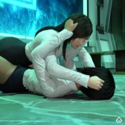 2girls 3d 3d_(artwork) 3d_model anoral athletic_female catfight crossover faith_connors female female/female female_only fight fighting final_fantasy final_fantasy_vii hair_pull hair_pulling lesbian_sex long_hair mirror's_edge mirror's_edge_catalyst multiple_girls office_clothing office_lady short_hair tattoo tifa_lockhart yuri