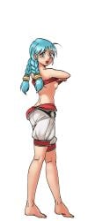 ass back barefoot blue_eyes blue_hair braid braided_ponytail breasts cg feet female from_behind full_body hentai_heroes kimie_(hentai_heroes) kinkoid kneepits long_hair looking_at_viewer looking_back medium_breasts official_art open_mouth parody short_shorts shorts simple_background single_braid solo standing talim toes transparent_background twin_braids white_shorts