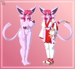 absurd_res anthro asian_clothing big_breasts blush breasts clitoris clothing dark_nipples derthevaporeon east_asian_clothing eeveelution espeon female footwear fuchsia_hair fur gem generation_2_pokemon genitals geta hi_res inverted_nipples japanese_clothing mask nintendo nipples pink_body pink_fur pink_gem pokemon pokemon_(species) purple_eyes shrine_maiden sleeves smoking_pipe socks solo