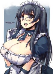 1girls 2017 :d :o apron atago_(kantai_collection) bespectacled black_hair blue_eyes breasts cleavage cleavage_cutout cute dress frills glasses gloves huge_breasts kantai_collection long_hair maid maid_apron maid_headdress neck_tie open_mouth puffy_sleeves red-framed_glasses shinshin smile white_gloves