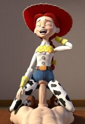 ai_generated big_penis braid clothed cowboy_hat cowgirl_position disney female green_eyes jeans jessie_(toy_story) penis penis_in_pussy pixar red_hair torn_clothes toy_story vaginal_penetration