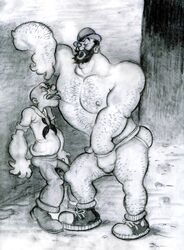 2boys against_wall armpits beard black_and_white bluto bulge derby_hat erect_nipples eyes_closed facial_hair fondling_self gay hairy_chest hand_in_underwear hat jockstrap licking_male_nipple male male_only mostly_nude muscular open_mouth outdoors pencils pepespray popeye popeye_(series) size_difference socks_and_shoes tongue_out yaoi