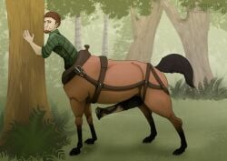 animal_genitalia animal_penis black_body black_fur black_penis bodily_fluids brown_body brown_fur centaur clothing desperation detailed_background equid equid_taur equine equine_genitalia equine_penis equine_taur erection european_mythology flannel flared_penis forest forest_background fur genital_fluids genitals grass greek_mythology hooves horse horse_taur humanoid_taur katthekitkat male mammal mammal_taur medial_ring mythology nature nature_background one_eye_closed penis plant precum precum_squirt shirt shrub solo spots spotted_genitalia spotted_penis standing tan_penis taur topwear tree