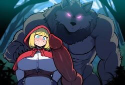 1girls ai_generated blonde_hair fairy_tales female furry furry_male height_difference human human_on_anthro imminent_sex interspecies little_red_riding_hood little_red_riding_hood_(copyright) mullon muscular_male nervous nervous_smile novelai size_difference wolf
