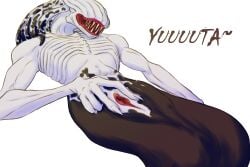 black_body claws demon eyeless female flat_chested genitals hi_res humanoid jujutsu_kaisen long_fingers monster orimoto_rika peregr1ne pseudo_hair pussy ribs sharp_teeth simple_background skeletal solo spread_pussy spreading teeth tentacle tentacle_hair text white_background white_body