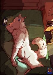 anthro balls bed bedding bedroom bodily_fluids canid canine canis deepbluefox detailed_background domestic_dog electronics fur furniture genital_fluids genitals grinding humping husky looking_at_porn lying male mammal masturbation nipples nordic_sled_dog on_side penis phone pillow pillow_humping pornography precum solo spitz white_body white_fur
