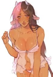big_boobs big_thighs boobs cleaverage cow_girl female female_only lingerie long_hair pink_hair split_hair thighs white_background