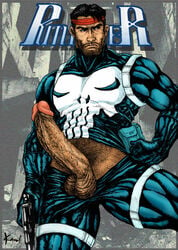 1boy erection frank_castle gun kamui_jack male male_only marvel penis pinup skull solo stubble the_punisher uncensored uniform veiny_penis yaoi