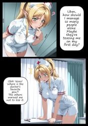 1girls 2025 ai_assisted ai_generated blonde_hair doctor doctors_office doujinshi elf female green_eyes kxy male manga manga_page nurse nurse_cap nurse_uniform original original_character ponytail upscaled
