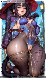 ai_generated anal anal_object_insertion animal_ears black_gloves black_hair bodystocking bodysuit breasts cameltoe cat_ears cat_girl cat_tail choker closed_eyes coin cuckingmama detached_sleeves earrings female fur_collar fur_trim genshin_impact gloves hair_cones half-closed_eyes hat jewelry leotard long_hair medium_breasts mona_ mona_(genshin_impact) nipples open_mouth pantyhose paw_pose prostitution purple_hair pussy saliva solo star_ star_earrings star_hair_ornament star_print tagme tail thighlet thighs tongue tongue_out torn_clothes torn_legwear twintails witch_hat
