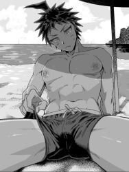clothed clothing danganronpa danganronpa_2:_goodbye_despair hinata_hajime male male_focus male_only monochrome nipples partially_clothed pecs pectorals shirtless shirtless_male solo solo_focus solo_male tan_body tan_line tan_lines tan_skin tanline tanline_peek tanlines uurin