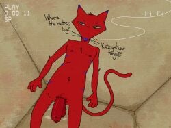 4_fingers anthro anthro_only balls blue_stripes body_hair cartoon_network cigarette courage_the_cowardly_dog dialogue domestic_cat felid feline felis fingers foreskin fur genitals hairy_balls katz_(courage_the_cowardly_dog) looking_at_viewer male male_only mammal musk musk_clouds nipples nude penis pubes red_body red_fur red_penis smoking smoking_cigarette solo stinkdyde stripes talking_to_viewer vhs_filter whiskers yellow_sclera