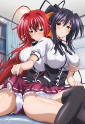 2girls ai_generated akeno_himejima antenna_hair bed big_breasts black_hair_female blue_green_eyes blush breast_grab_from_behind breasts crimson_hair_female crossed_bangs curvy_females females_only grabbing_another's_breast hair_ribbon high_ponytail high_school_dxd huge_ahoge indoors lesbian_couple lesbians light-skinned_female loose_hair muaver_ai orange_ribbon panties rias_gremory schoolgirl_uniform schoolgirls smile socks thick_thighs very_long_hair_female very_long_ponytail violet_eyes voluptuous_female wide_hipped_female yuri