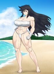 /ctt/ 1girls alternate_costume bandage bandaged_hand bandaged_hands barefoot beach black_eyes black_hair clothed console-tan ds-tan hourglass_figure huge_breasts humanization humanized large_breasts long_hair looking_at_viewer muscular muscular_female nintendo nintendo_ds swimsuit