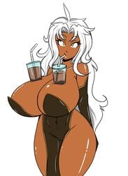 1girls ahoge breasts covered_navel cup dark-skinned_female dark_skin detached_sleeves drinking_straw hands_behind_back huge_breasts long_hair pelvic_curtain reiduran thick_thighs thighs white_hair wide_hips yellow_eyes