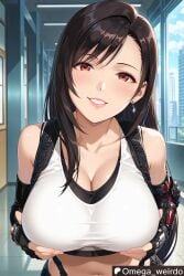 ai_generated big_breasts black_hair blush breasts cleavage earrings female final_fantasy final_fantasy_vii gloves grabbing_own_breasts hallway huge_breasts lifting_breasts long_hair looking_at_viewer omega_weirdo patreon red_eyes smile smiling smiling_at_viewer solo solo_female solo_focus tank_top tifa_lockhart