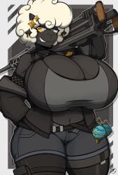 1girls 2020s 2025 2d 2d_(artwork) anthro anthro_only belt belt_buckle big_breasts big_thighs black_fur booty_shorts breasts cleavage clohing clothed clothing curvy curvy_body curvy_female curvy_figure earrings ewe eyebrows eyelashes female female_focus female_only fishnet fully_clothed fur furry furry_female furry_only gun hair_ornaments hi_res highres hips huge_breasts jacket lamball large_breasts looking_at_viewer mammal navel palworld pinup poofy_hair puffy_hair sheep sheep_girl smile smiling_at_viewer smirk smirking solo solo_female thick_thighs thighhighs thighs top_heavy weapon white_hair wide_hips yellow_eyes zak_hitsuji