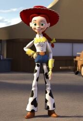 ai_generated braid clothed cowboy_hat disney green_eyes jeans jessie_(toy_story) pixar red_hair solo toy_story