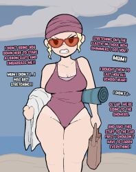 2d beach breasts cleavage dialogue english_text headwrap mother mother_and_child mother_and_son pov sunglasses swimsuit tagme thick_thighs thighs uniimom