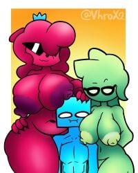 1boy 2d 2d_(artwork) 2demons 2girls 2girls1boy areolae artist_name artist_signature big_areola big_breasts bigger_female breasts breasts_bigger_than_head breasts_on_head breasts_out crown glasses huge_breasts imminent_sex large_breasts naked naked_female nipples simple_background simple_eyes smaller_male smaller_male_larger_female tall_female tall_girl taller_female taller_girl twitter_username vhrox2 vhroxy_(character)