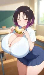 ai_generated black_hair blue_eyes elma_(dragon_maid) huge_breasts miss_kobayashi's_dragon_maid school_uniform thick_thighs two_tone_hair