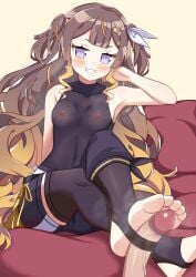 absurdres anya_melfissa asymmetrical_clothes black_leotard black_pants black_thighhighs blonde_hair blunt_bangs breasts brown_hair covered_navel crossed_ankles disembodied_penis feet female foot_focus foot_out_of_frame footjob gradient_hair hair_ribbon head_rest highres hololive hololive_idol_uniform_(color_rise) hololive_indonesia kris_hair_ornament leotard light_blush long_hair mixed-language_commentary multicolored_hair nipples no_shoes pants penis penis_in_thighhigh purple_eyes ribbon second-party_source see-through_clothes see-through_leotard shirt short_eyebrows single_pantsleg sitting smell smug steaming_body streaked_hair sweat sweaty_armpits thighhighs toeless_legwear uncensored under-stirrup_footjob unworn_shirt very_long_hair virtual_youtuber wavy_hair white_ribbon yellow_background zedxxx