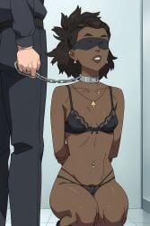 1girl ai_generated amber_bennett arms_behind_back ball_gag black_body black_hair blindfold bondage bra collar female holding_leash human invincible invincible_(tv_series) kneeling leash navel_piercing necklace panties pubic_hair slave spiritmaster