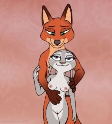 4_fingers anthro anthro_on_anthro black_nose breasts canid canine disney duo emperorstarscream female fingers fox fur genitals gloves_(marking) grey_body grey_fur humanoid_hands judy_hopps lagomorph leporid male male/female mammal markings nick_wilde nipples nude nude_anthro nude_female nude_male pussy rabbit red_body red_fur smile zootopia