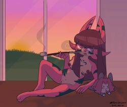 anthro blush_(sochustickers) breasts canid canine female fox fur fur_markings hair mammal markings nipple_piercing nipples nude piercing red_fox red_hair shaded sitting sitting_on_ground smoking smoking_pipe sochustickers solo straight_hair sunset true_fox
