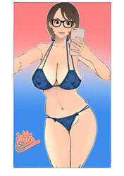 bikini cleavage female futoshi_slim gradient_background large_breasts lips megane outline sagging_breasts selfie short_hair smartphone smile solo standing string_bikini