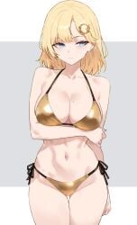 1girls arm_grab bikini blonde_hair blue_eyes bluefield blush female golden_week grabbing_own_arm hairclip hololive hololive_english hololive_myth mole mole_on_breast short_hair solo solo_female virtual_youtuber watson_amelia yellow_bikini